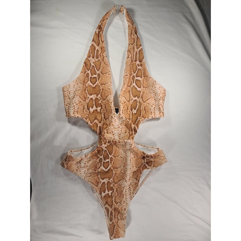 Windsor Women's Medium Snake Print Cut Out Bodysuit Tan Brown NWT